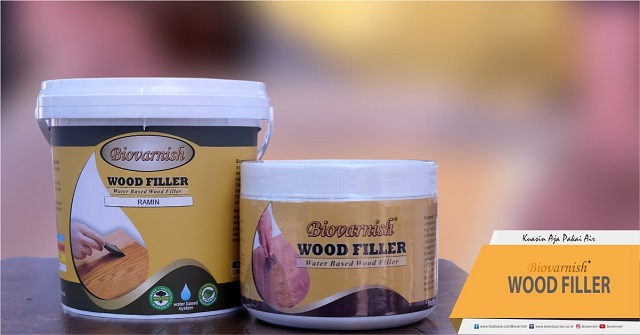 Produk dempul kayu Biovarnish wood filler.