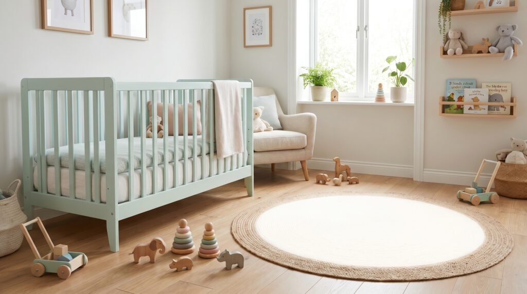 Aplikasi cat kayu aman untuk anak Orchid Enamel warna pastel pada ranjang bayi di kamar estetik